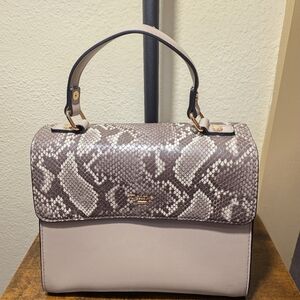 Dune London Two-Tone Snake-Print Top Handle Satchel in Taupe and Light Beige